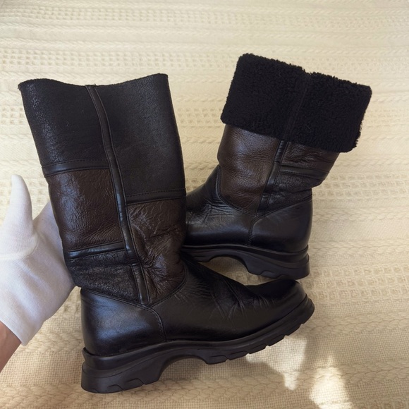 La Canadienne Brown Black Leather Suede Fur Shearling Boots fold